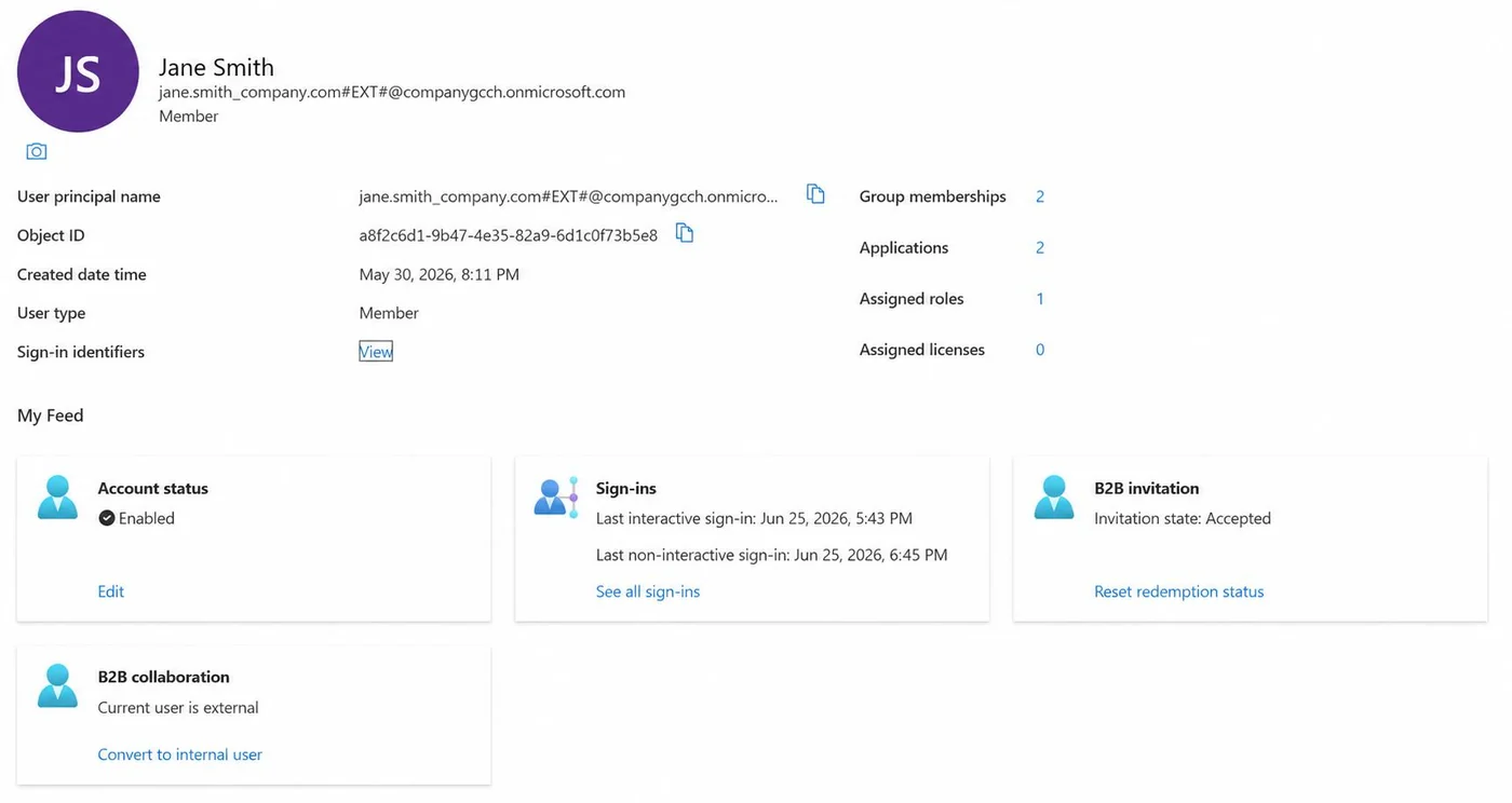 An example Entra ID user, Jane Smith, whose user type is Member while the B2B collaboration panel marks the account as external.